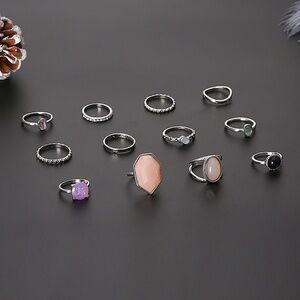 *SEONA* 12-Pc Silver x Gem Fashion Ring Set